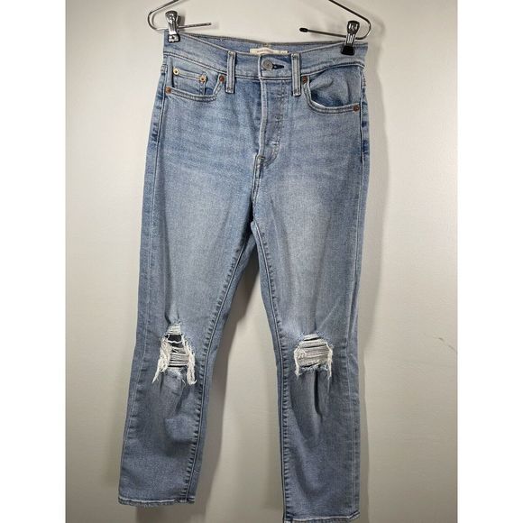 Levi’s Wedgie Straight Button Fly Frayed Distressed Blue Jeans Women’s‎ Size 26 - Picture 1 of 8